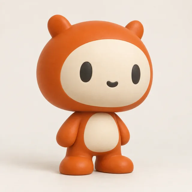 AI-generated big-head character style reference in orange, cream, and charcoal